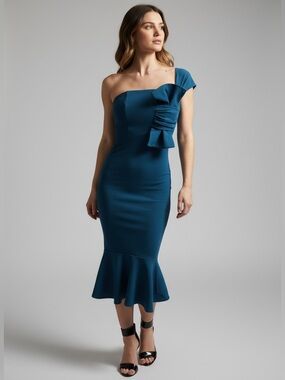 ASOS One-Shoulder Teal Sculpted Mermaid Hem Dress